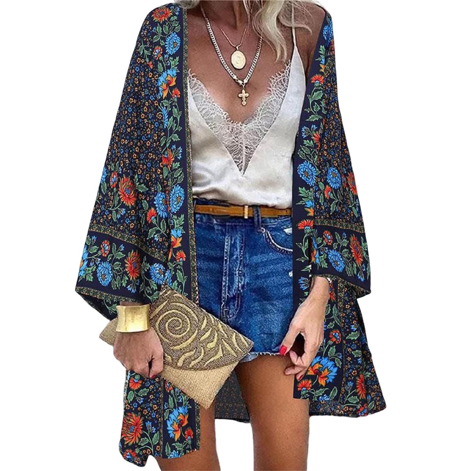 TBSCWYF Mujer Cárdigan Gasa Vestido de Playa Floral Kaftan Bohemia Pareos y Camisola Manga Larga Kimono Largo Traje de Baño Bikini Cover up Verano Vestido de Playa Mujer Camisa Beach Cuello en V Bikini