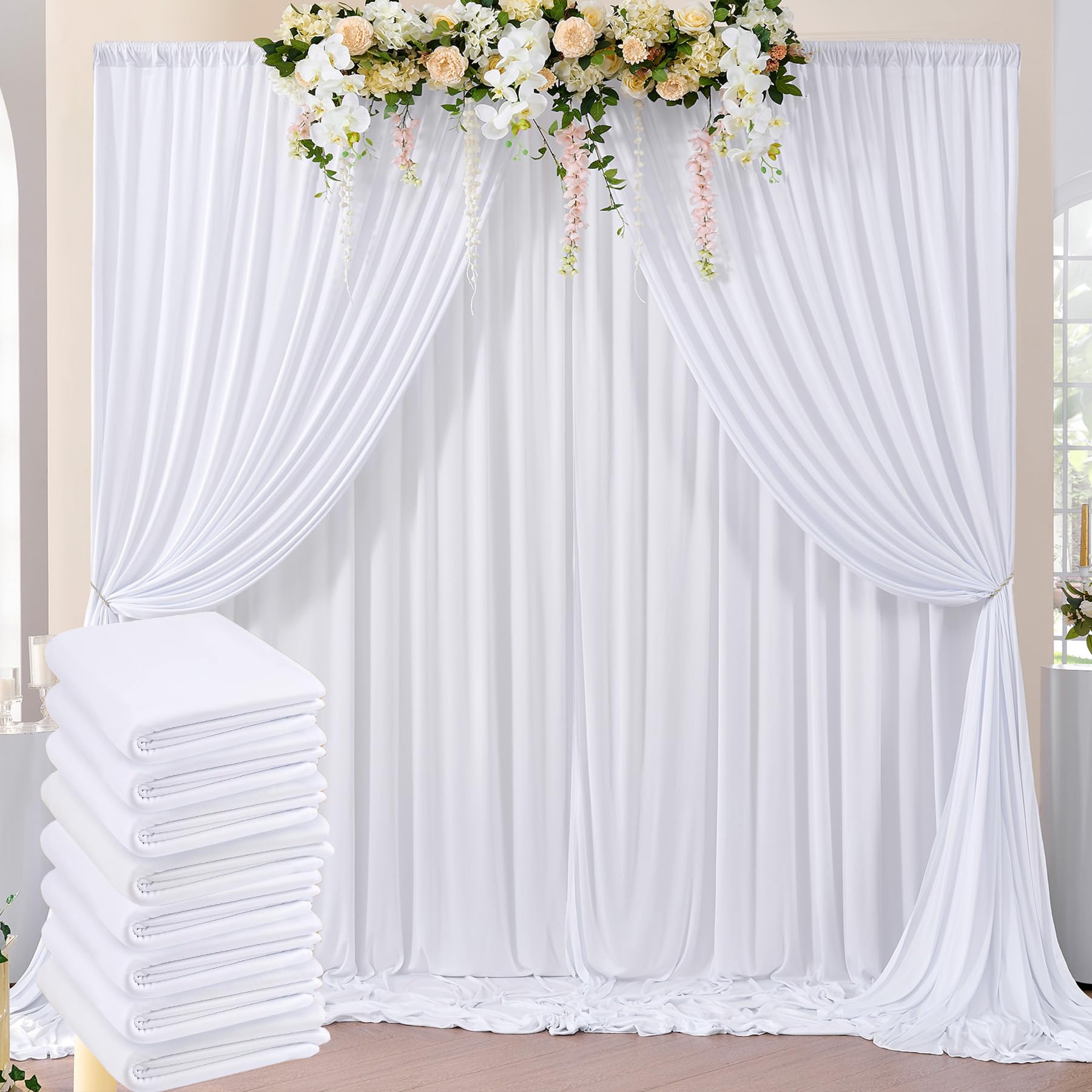 40ftx8ft Wrinkle Free White Backdrop Curtains Panels for Parties, Polyester Photo Backdrop Drapes 8 Panels 5ftx8ft Cloth for Birthday Wedding