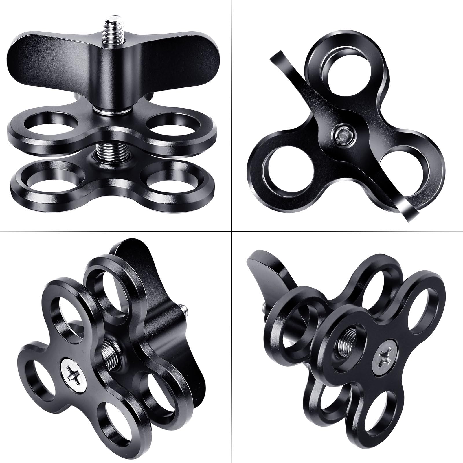Aluminium Triple Trous Joint Pince pour Plongée sous-Marine, Système de Plateau de Bras Léger, Clip 360° pour Caméra d'Action, Bras de Lampe de Poche (2PCS)