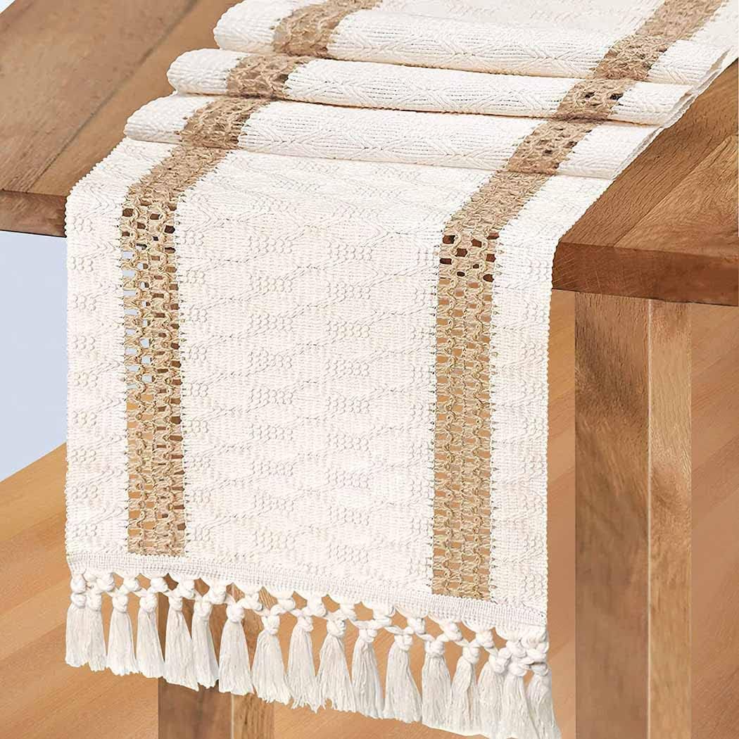 Qniceone Table Runner 12 x 70 inch Farmhouse Style, Cotton Linen Boho Table Runner with Handmade Tassels for Bohemian Rustic Wedding Bridal Shower Home Dining Table Decor