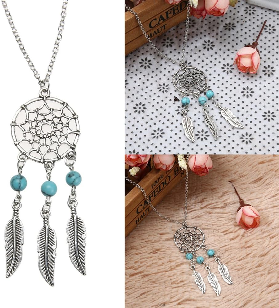 AOCHEE Bohemian Dream Catcher Necklace Earring Tassel Feather Turquoise Beads Necklace Jewelry (Neckalce) - Image 2