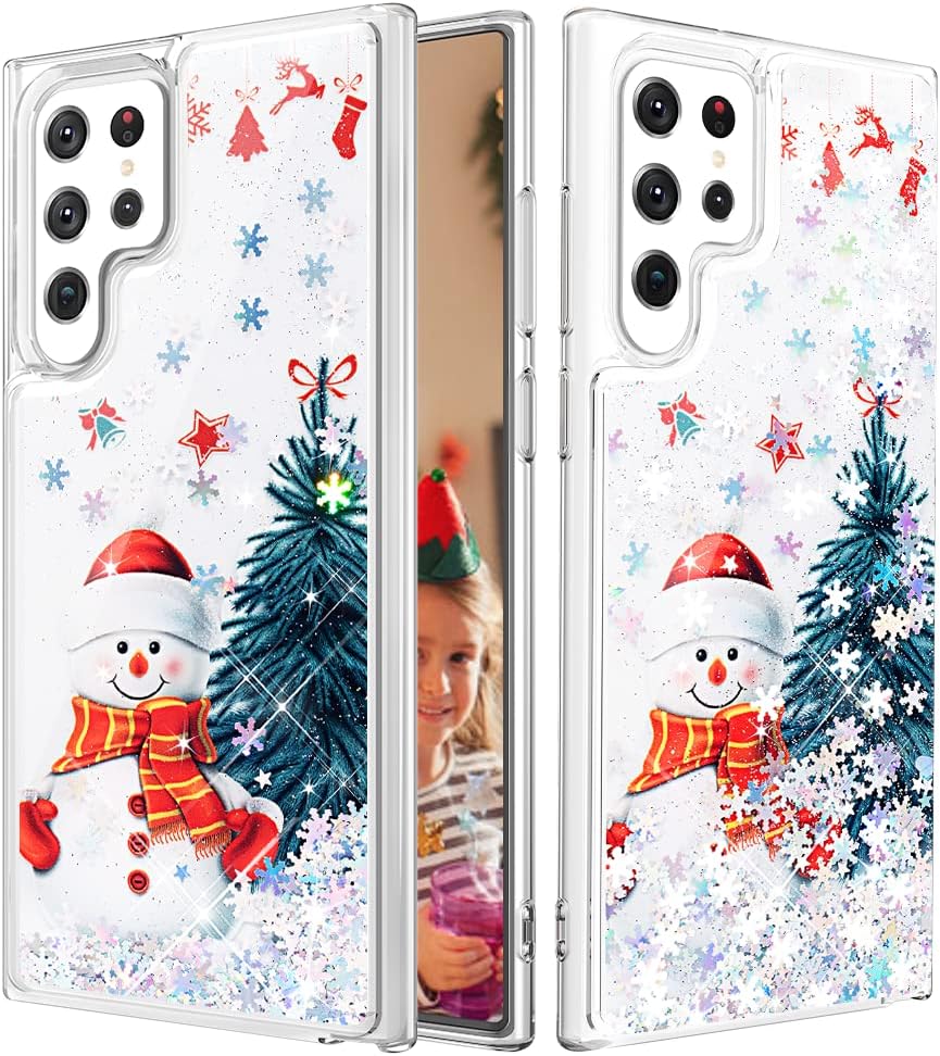 Caka Case Compatible for Galaxy S22 Ultra, Samsung S22 Ultra 5G Glitter Case Christmas for Girls Women Girly Bling Sparkle Liquid Flowing Snowflake Quicksand Case for Samsung Galaxy S22 Ultra, Snowman