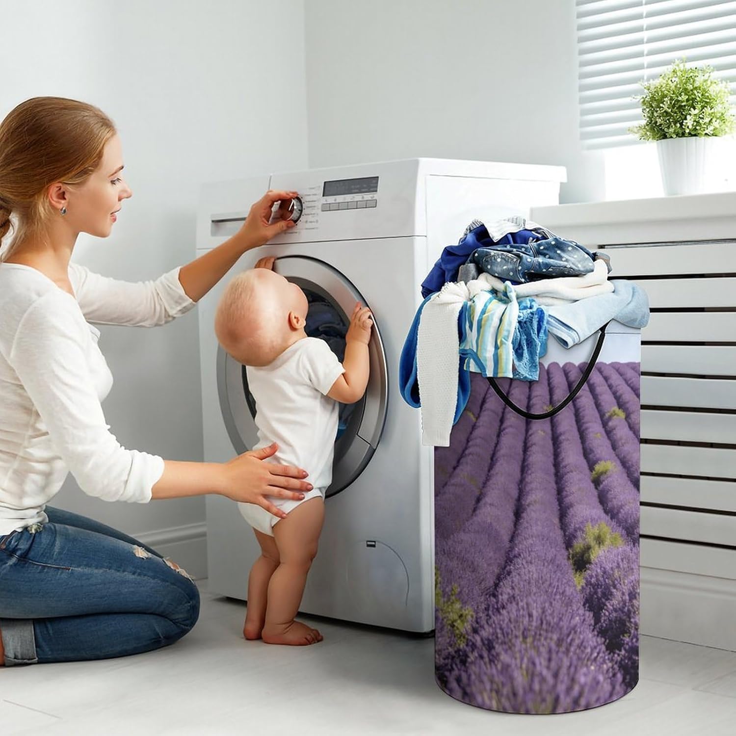 Purple Waves Long Scroll Laundry Hamper with Handles Waterproof Collapsible Laundry Basket Large Lightweight Round Dirty Clothes Hamper for Home Dorm Bathroom Decor