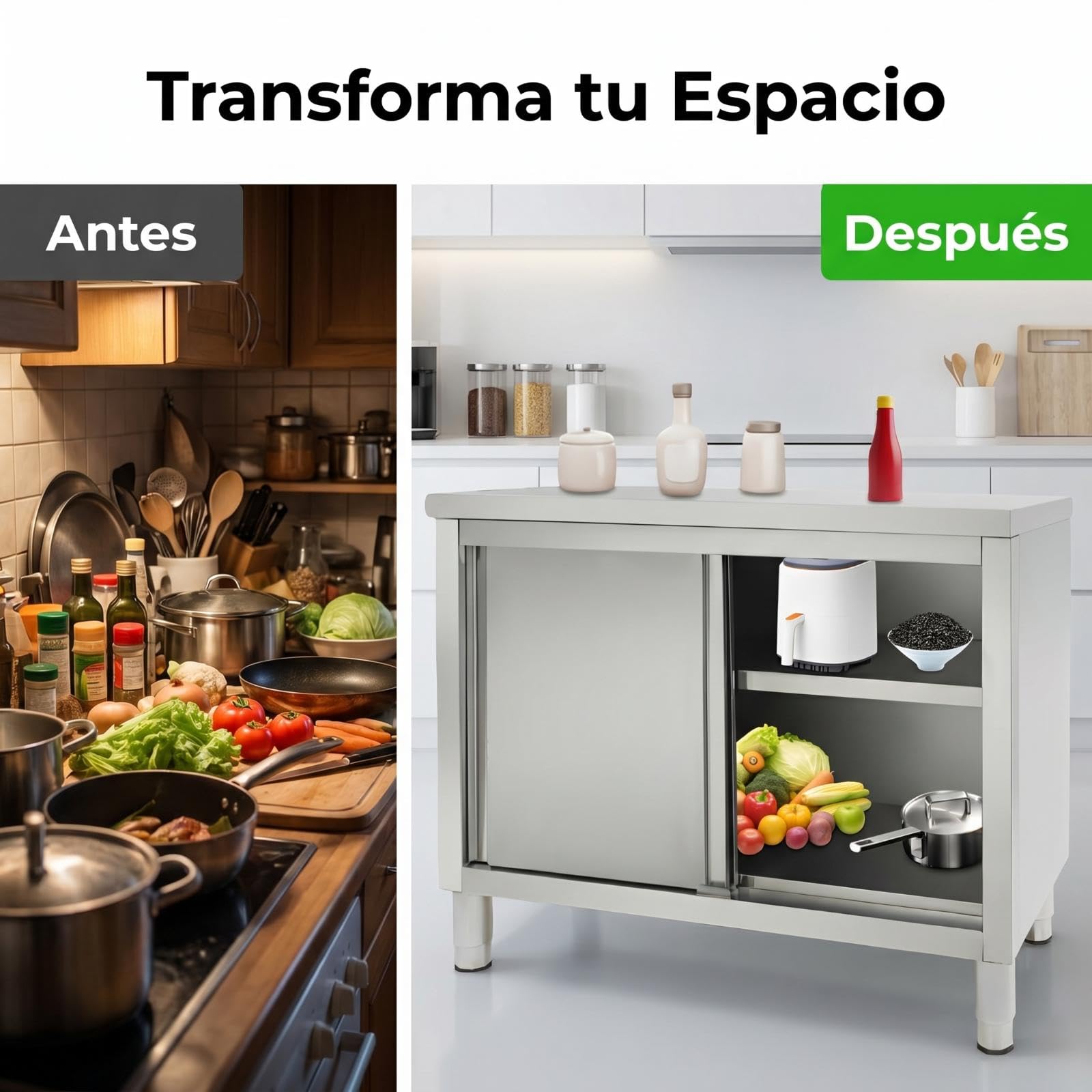 Mesa de trabajo con puertas correderas, mesa de trabajo de cocina de acero inoxidable, 100 x 50 x 86 cm, almacenamiento de altura ajustable de 5 a 20 cm, armario gastro de acero inoxidable