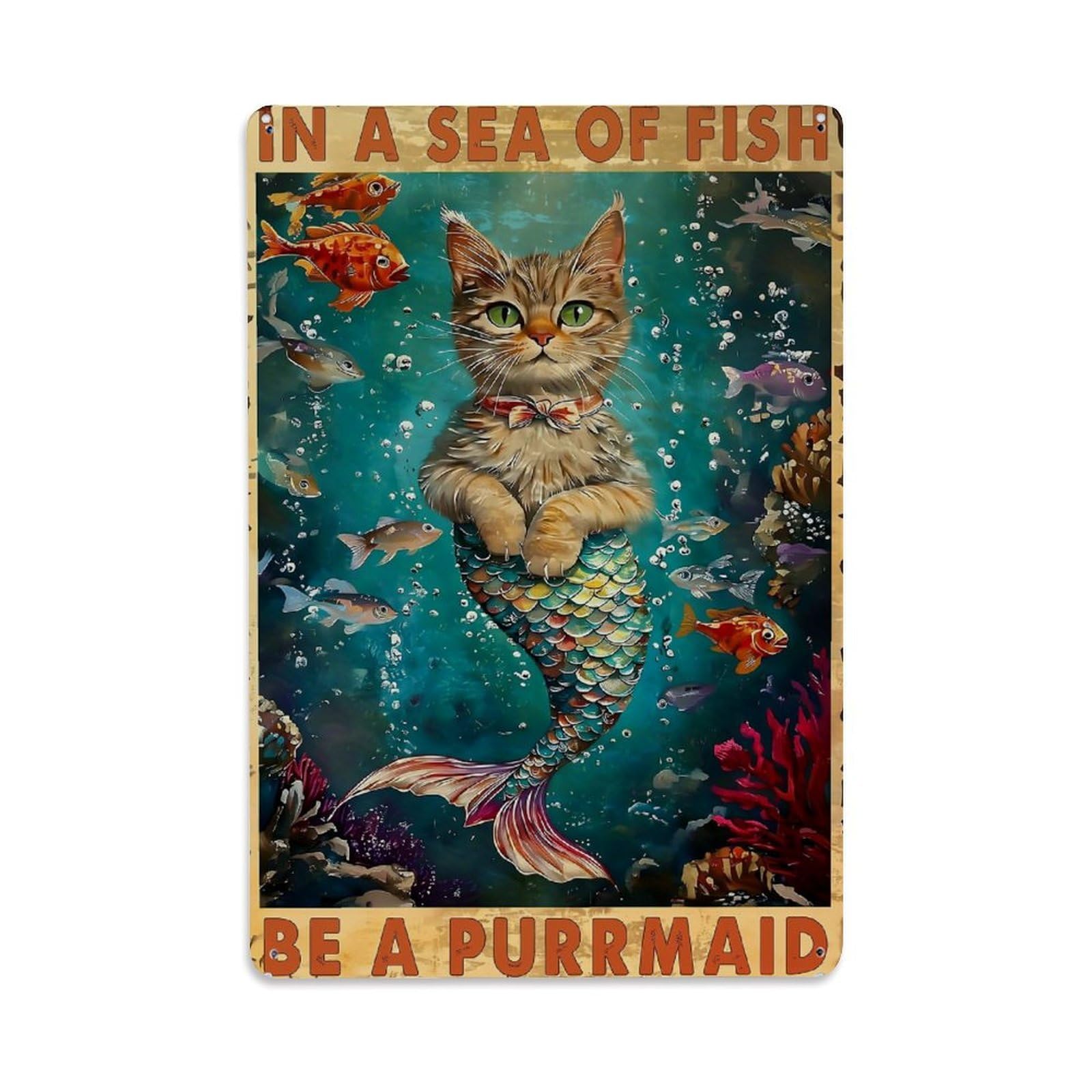 Bliveurn Vintage Cat Mermaid Swimming With Fish Retro Metal Tin Sign, Metal Poster For Home, Gaming Room, Studio Workshop,Bar,Garage Wall Art Decor 8X12 Inch