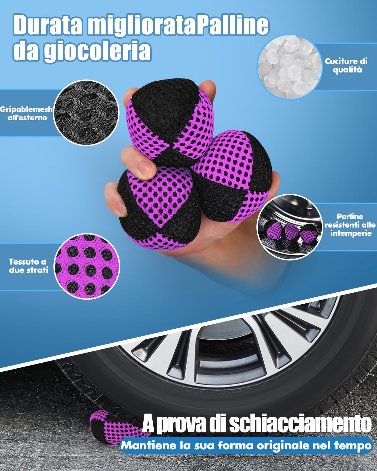 Palline da giocoliere per principianti e professionisti, 2 strati di rete e borsa per il trasporto, set da 3 palline da giocoleria da 62 mm, per bambini, viola/nero