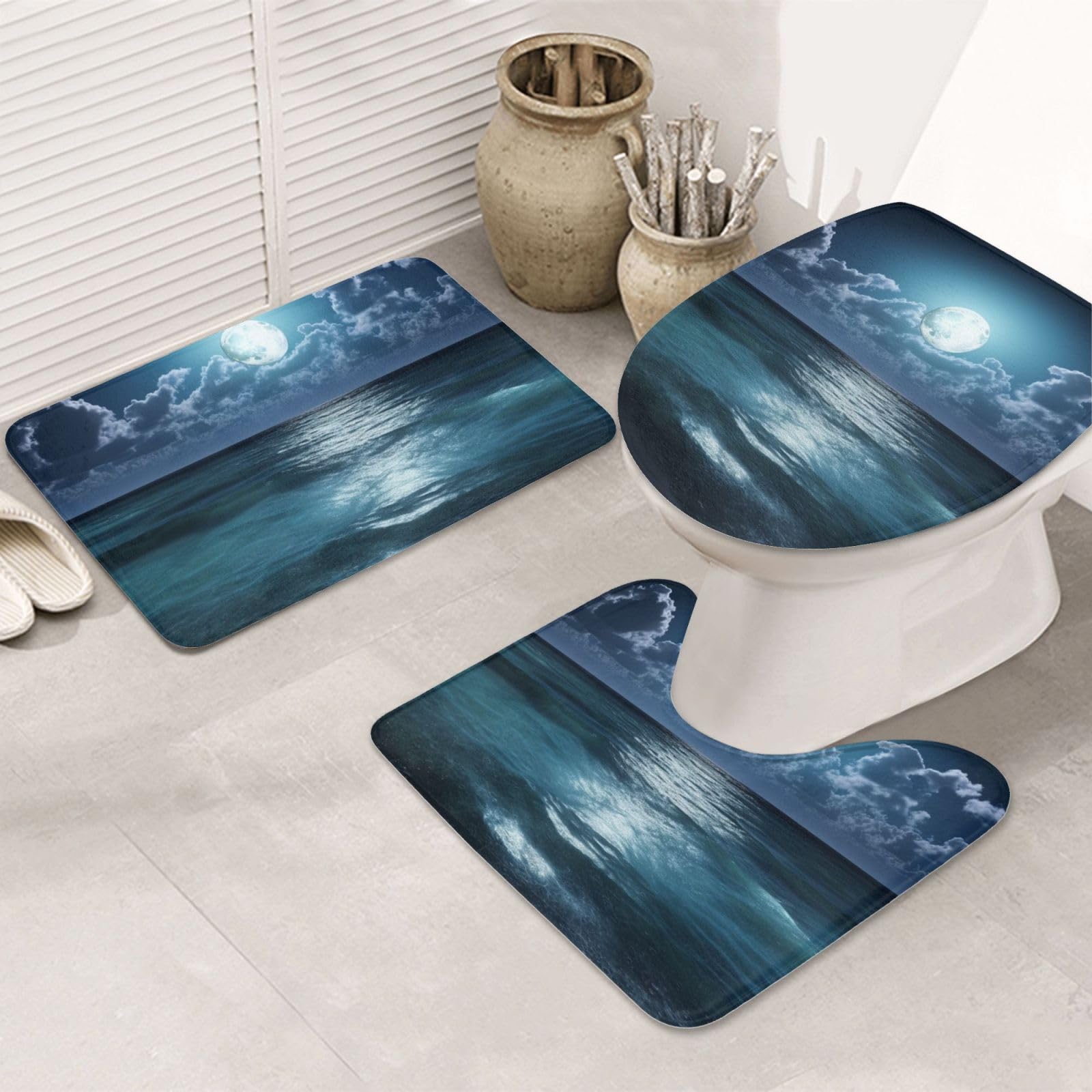 Tapis de salle de bain antidérapants lot de 3 en U absorbants motif mer