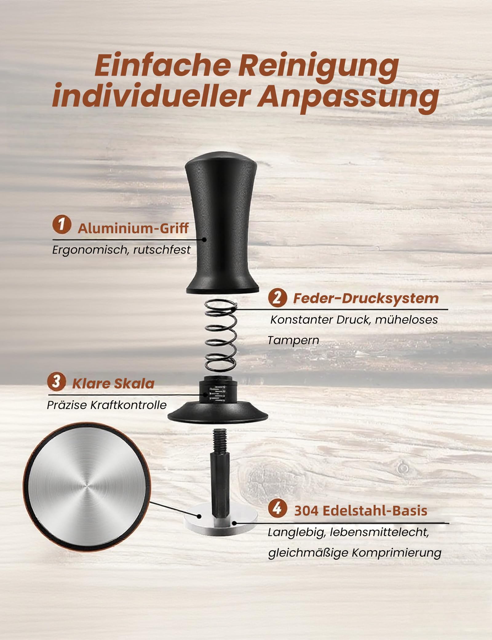 Kaffee Tamper 51mm, Edelstahl Espresso Tamper mit 15lbs Anpressdruck, 304 Edelstahl Base, Skalenanpassung, Kaffeepresse mit Tamper-Base Flat, für 51mm Bodenloser Siebträger