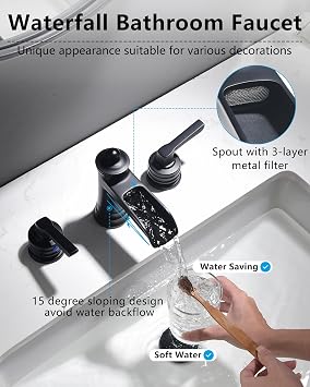 Fapully Black Kitchen with Pull Down LED Sprayer Faucet and Waterfall Bathroom Faucet