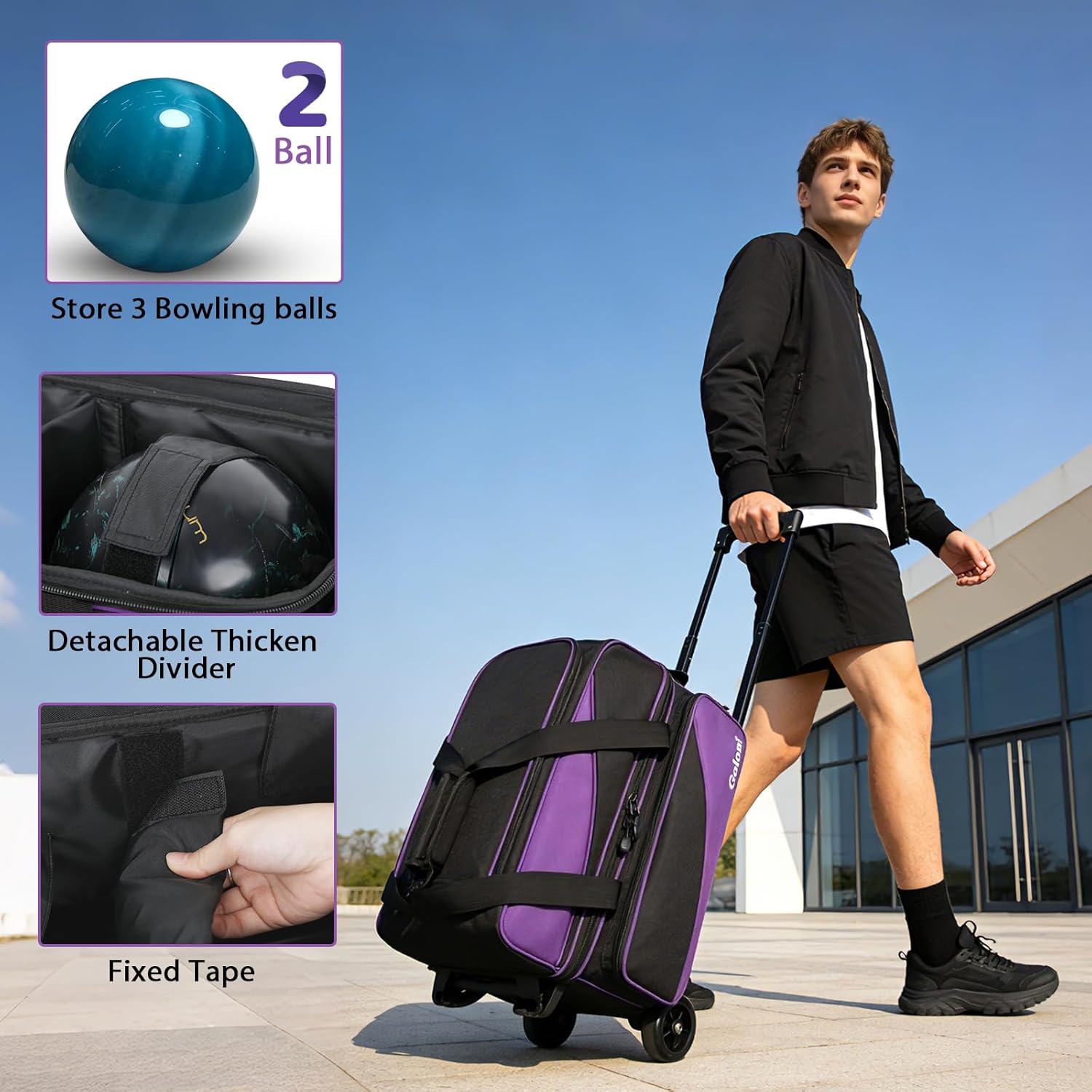 Goloni 3 Ball Bowling Bag with Wheels, 2+1 Double Roller Bowling Bag with Shoe Compartment,Tote Bag for Bowling Accessories