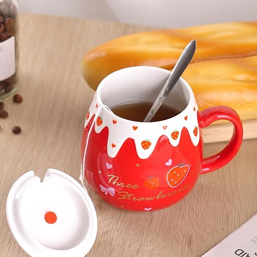 Miniatura 4 de WHJY Taza de café femenina, taza de desayuno de cerámica coreana de fresa con tapa y cuchara - 15.2 fl oz15oz, rojo B