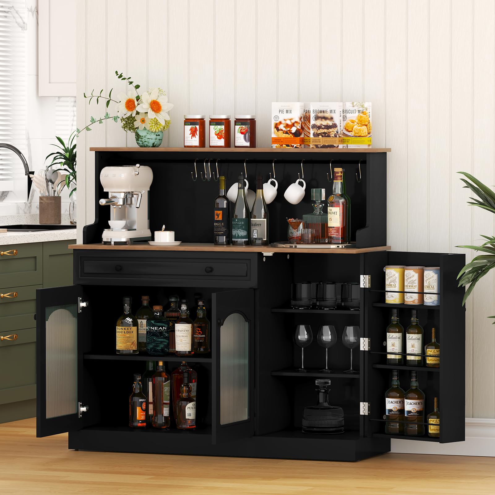 HOLTICO Credenza da Cucina Multifunzione, Armadietto per Microonde con Cassetto e Ganci per Tazze, Buffet Moderno per Soggiorno e Sala da Pranzo, Colore Nero Scuro