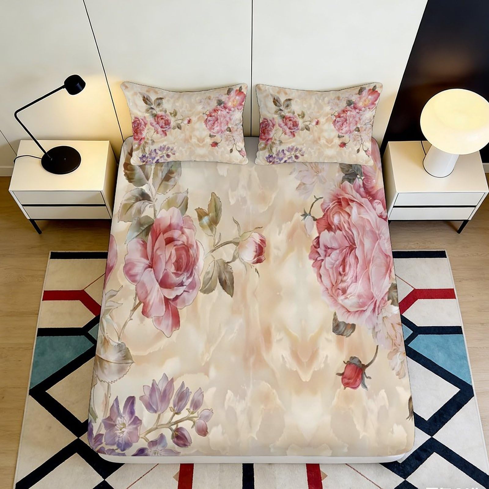 3D Printed Floral Peony Fitted Sheet Microfiber Soft Non-slip Mattress Cover for Bedroom Guest Room Dustproof Easy Care 90x200x25cm