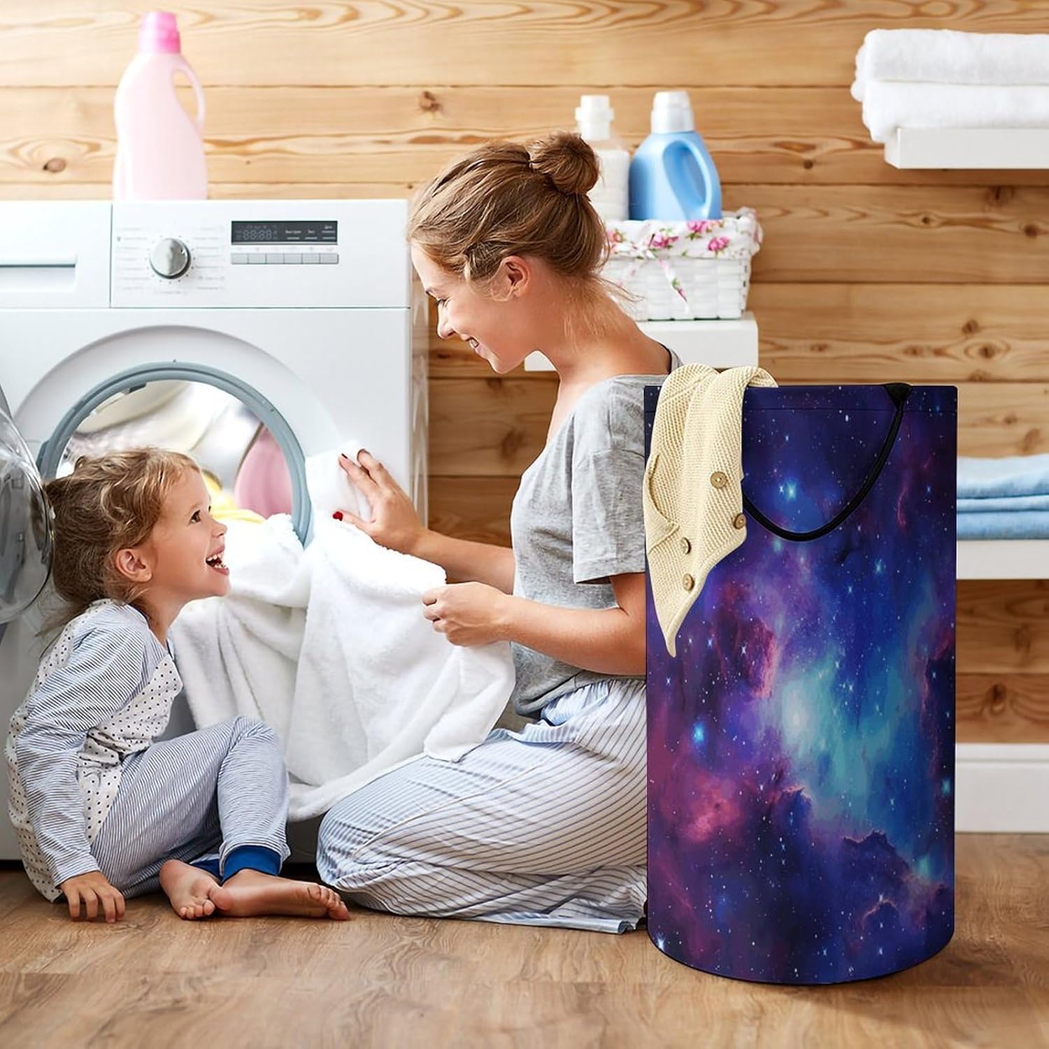 Large Laundry Basket Collapsible Dirty Clothes Basket with Carry Handles Portable Waterproof Freestanding Galaxy Laundry Hamper for Bathroom Bedroom Laundryroom Dorms 86L