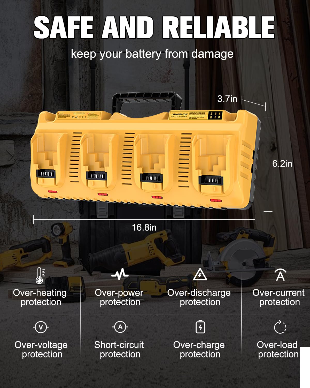 DCB104 - Repuesto para estación de carga de batería Dewalt, cargador de batería múltiple de 4 puertos con 2 puertos USB, compatible con todas las baterías de litio Dewalt de 12 V 20 V Max