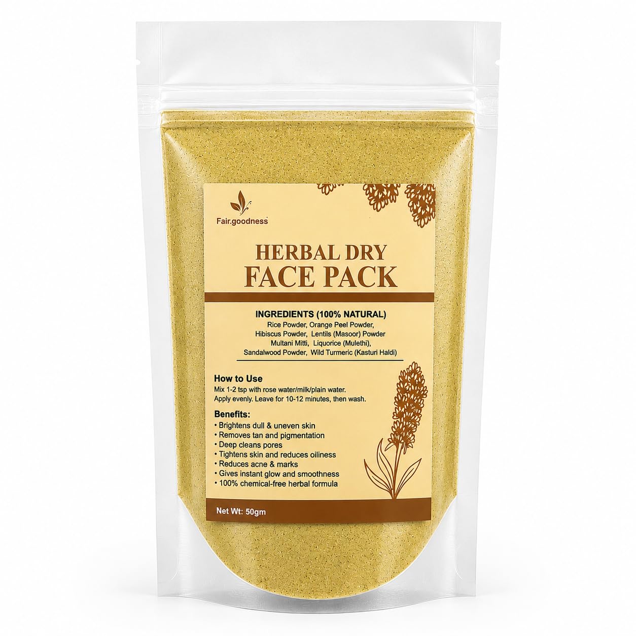 Fair Goodness Herbal Dry Face Pack for Deep Cleansing & Natural Glow – Ubtan Face Pack Powder for Tan Removal, Skin Purifying, Glowing Skin – All Skin Types – 50g-image-18