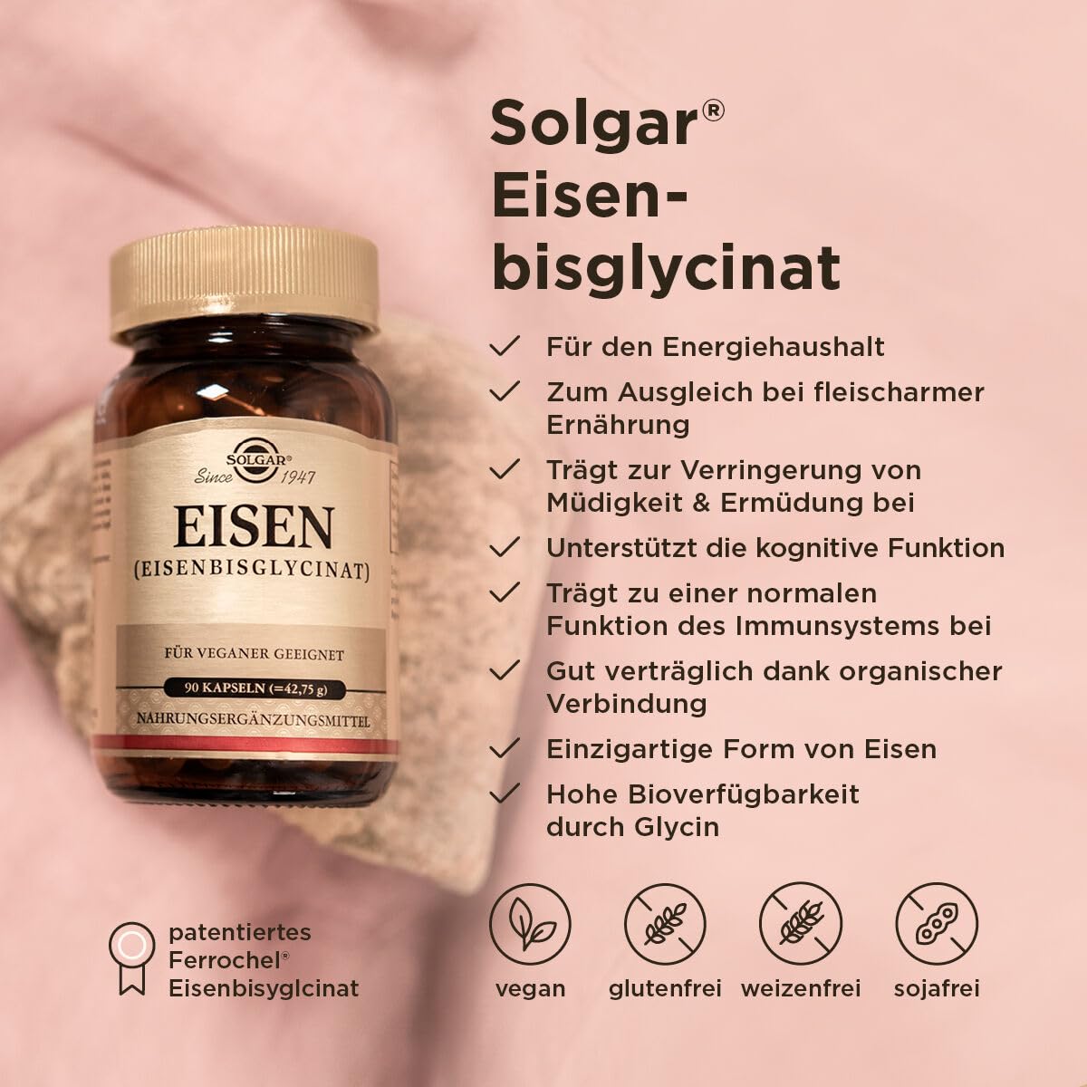 SOLGAR® Eisen | 20 mg Eisen als patentiertes Eisenbisglycinat pro Tagesportion | Magenfreundliche organische Verbindung | 90 vegane Kapseln für 3 Monate