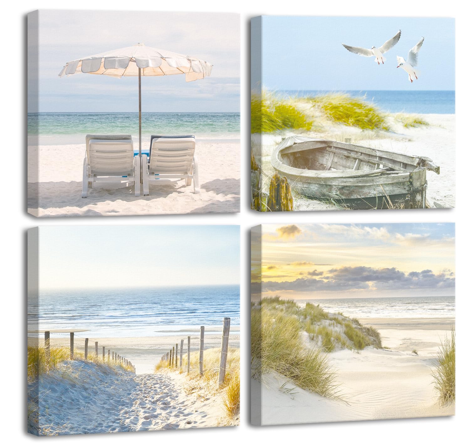 CHDITB Seaside Canvas Wall Art,Ocean Canvas Picture,Beach Chairs & Seagulls Flying Picture Painting Print for Wall Decor,Blue Seascape Theme Art Print for Bathroom Home Office Decoration(4Pcs,40*40cm)