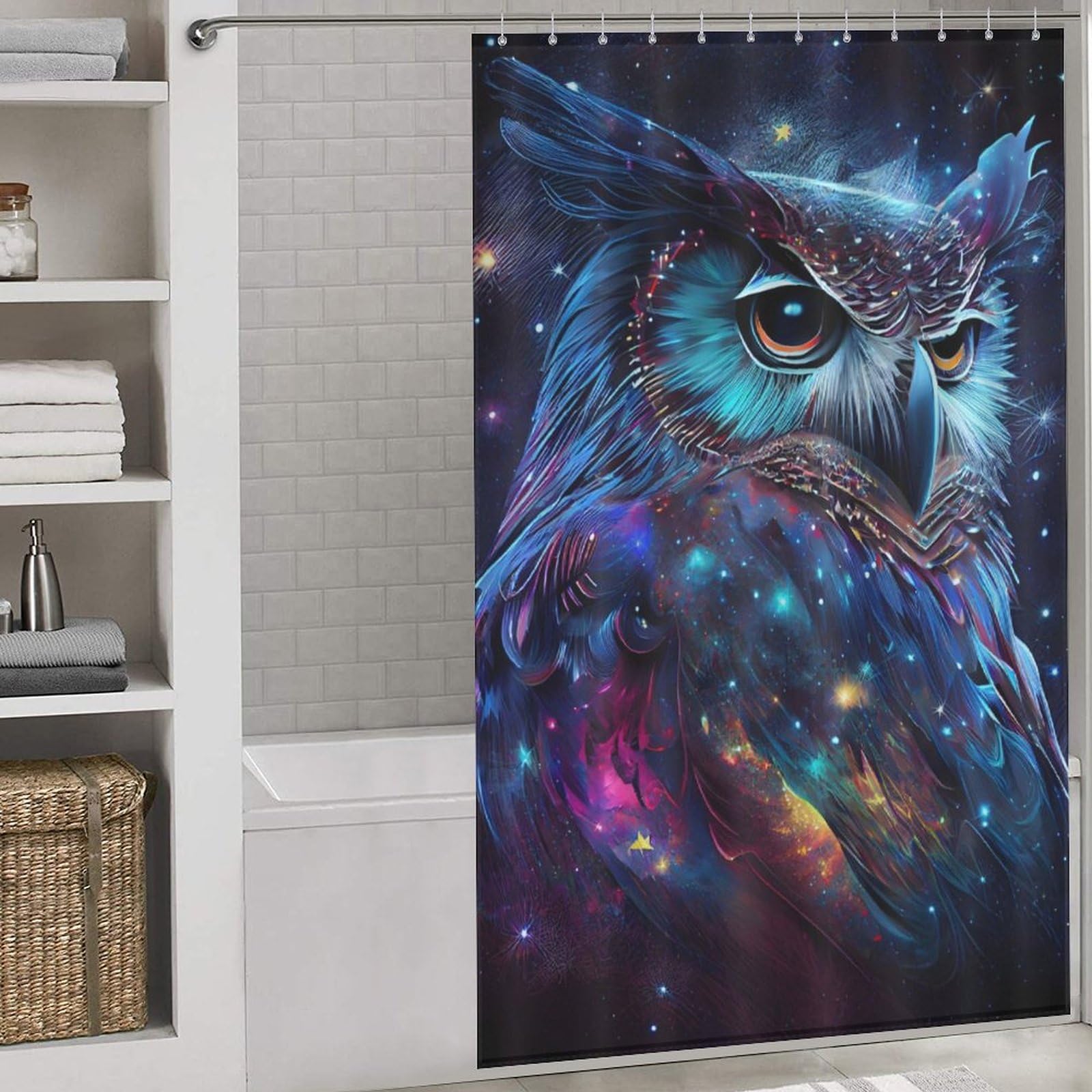 Rideau de douche textile lavable machine Chouette Galaxie 140x183 avec crochets baignoire