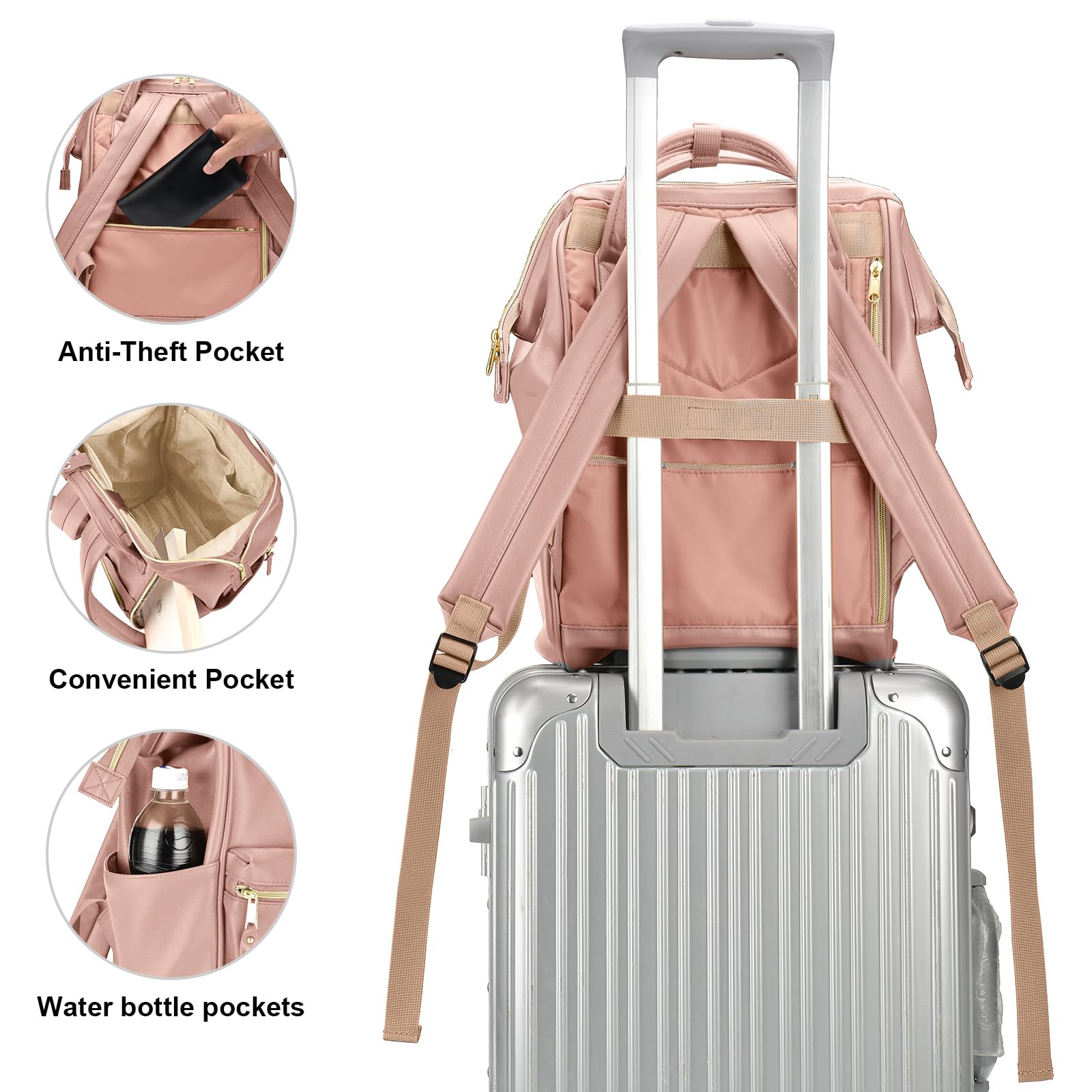 Kah&Kee Leather Backpack Diaper Bag Laptop Travel Doctor Teacher Bag For Women Man (Tan Pink II)