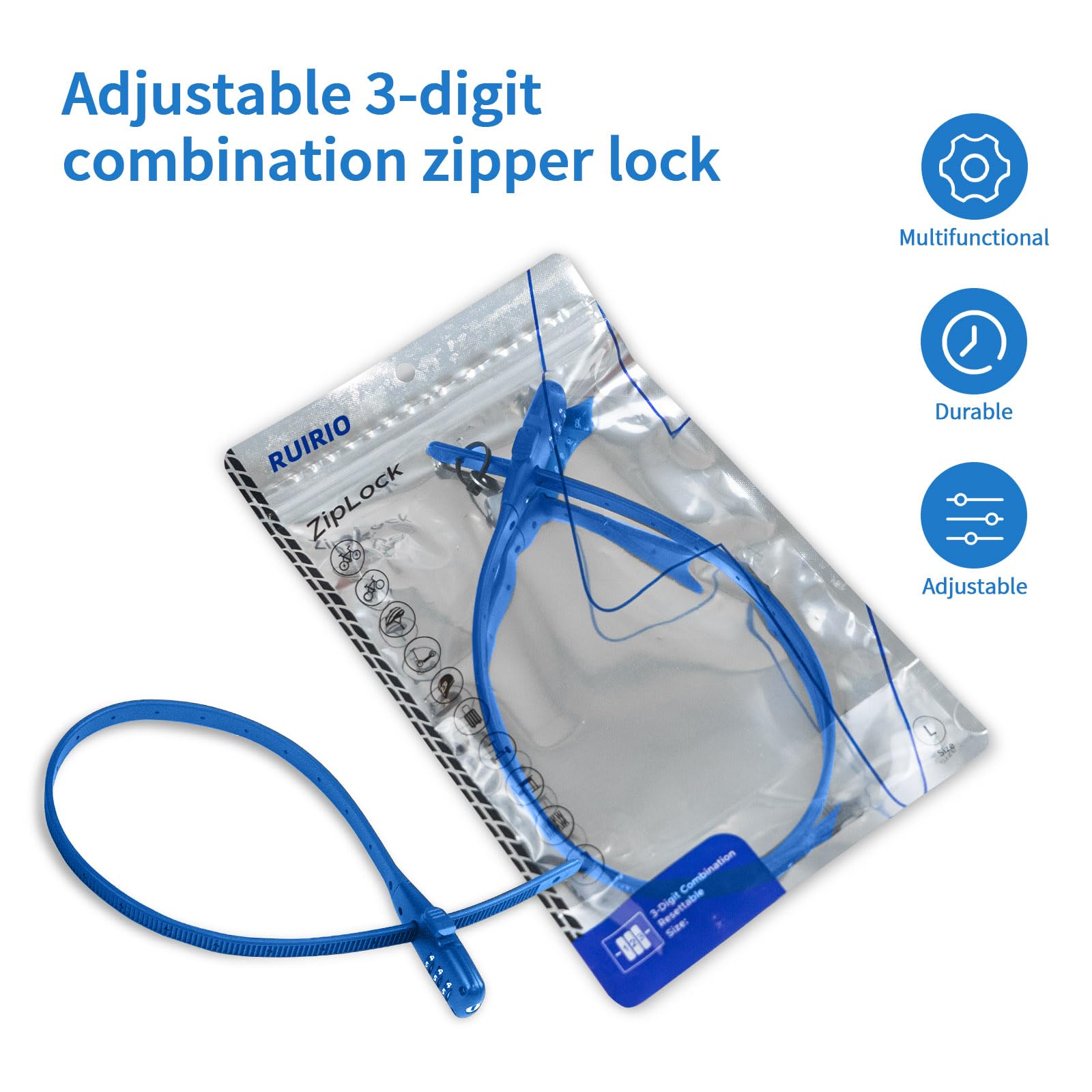 Cerradura de cable ajustable con cremallera para bicicleta, bicicleta eléctrica, bicicleta infantil, casco, nevera, scooter, armarios, cajones, puertas, vallas, paquete de 3 (azul)