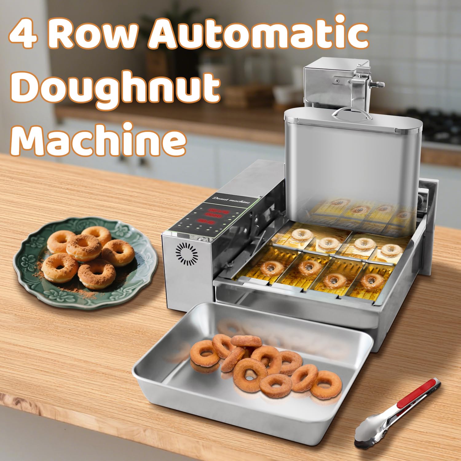 HNZXIB 1750pcs/hour Mini 4-Row Donut Maker, Automatic Donut Machine, Commercial Doughnut Frying Maker, 5 Gears Adjustment, 110V 60Hz, 2000W, Stainless Steel, for Cafes, Bakeries, Restaurants