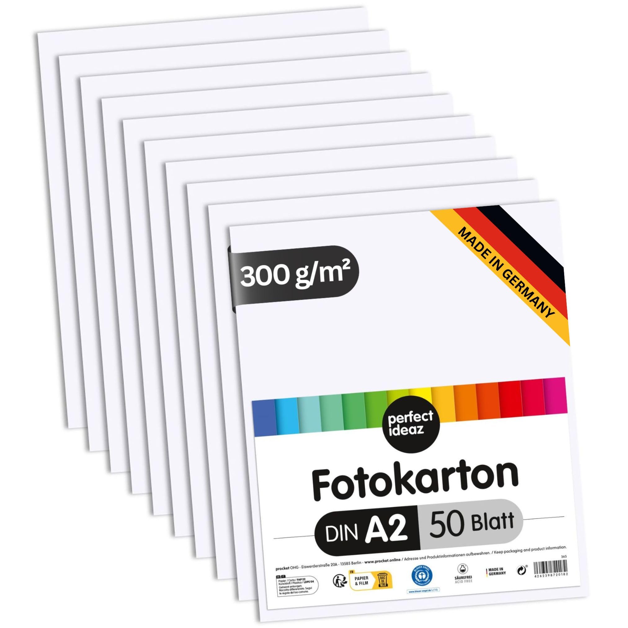 perfect ideaz 50 Blatt Fotokarton DIN-A2, Weiß, stabiler recycling Karton 300 g/m², Made in Germany, Blauer Engel zertifiziert (1 x 50 (50 Blatt))