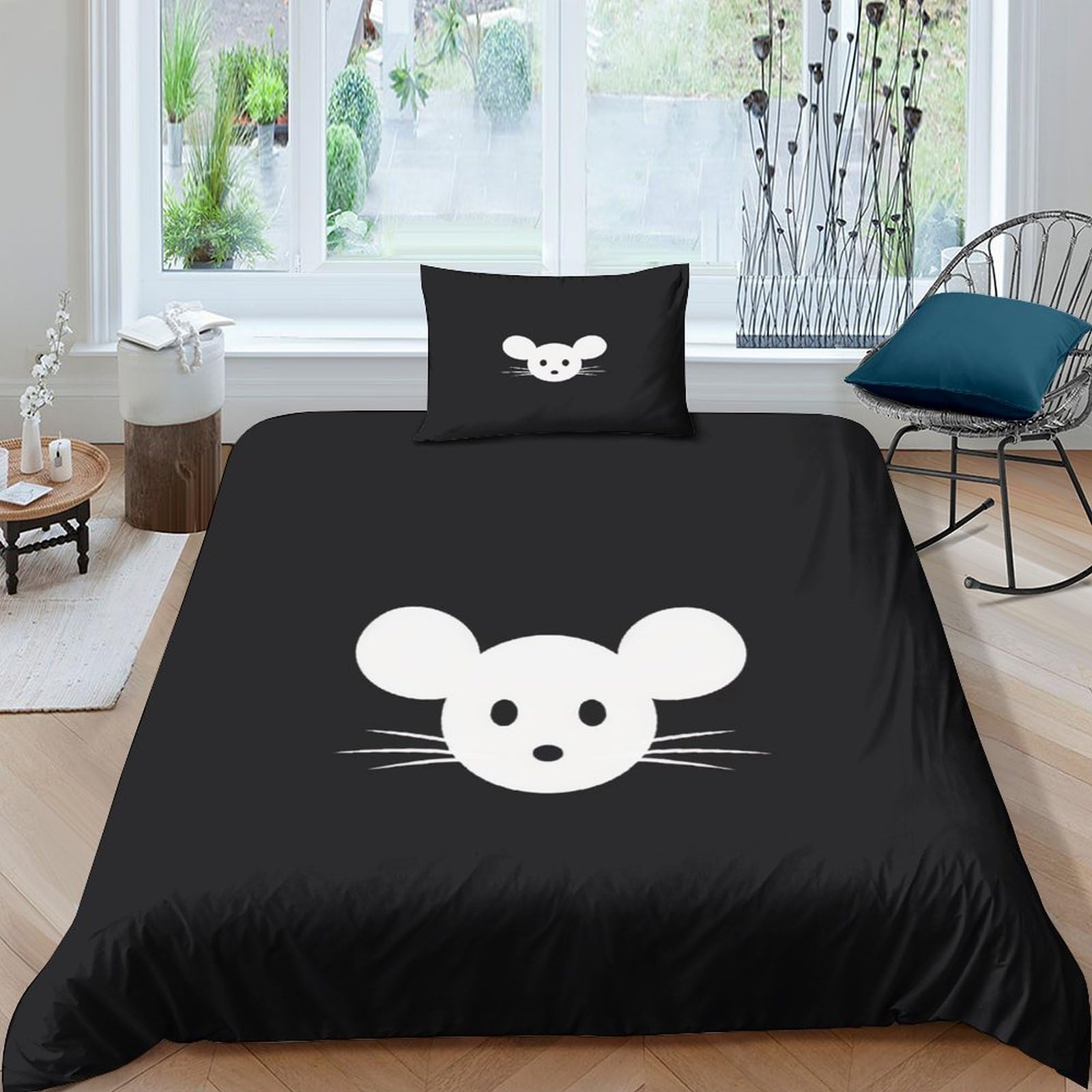 Parure de lit en microfibre douce housse de couette souris noires et blanches pour lit simple