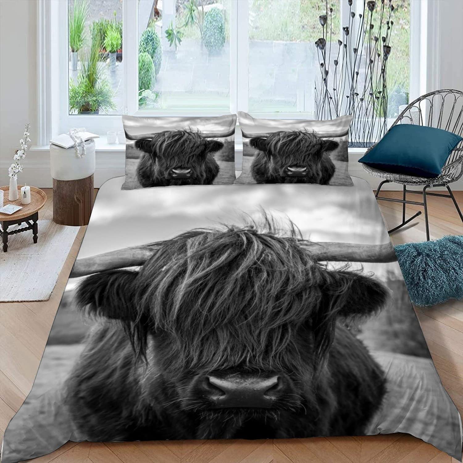 LUORU Kids Single Duvet Cover Set 3D Printed Single Bedding Kids Teenage Single Bed Duvet Cover Set Boys Girls Highland Cow Black Cow Bedding Anti-Allergic Soft Duvet Cover with Zipper Closure