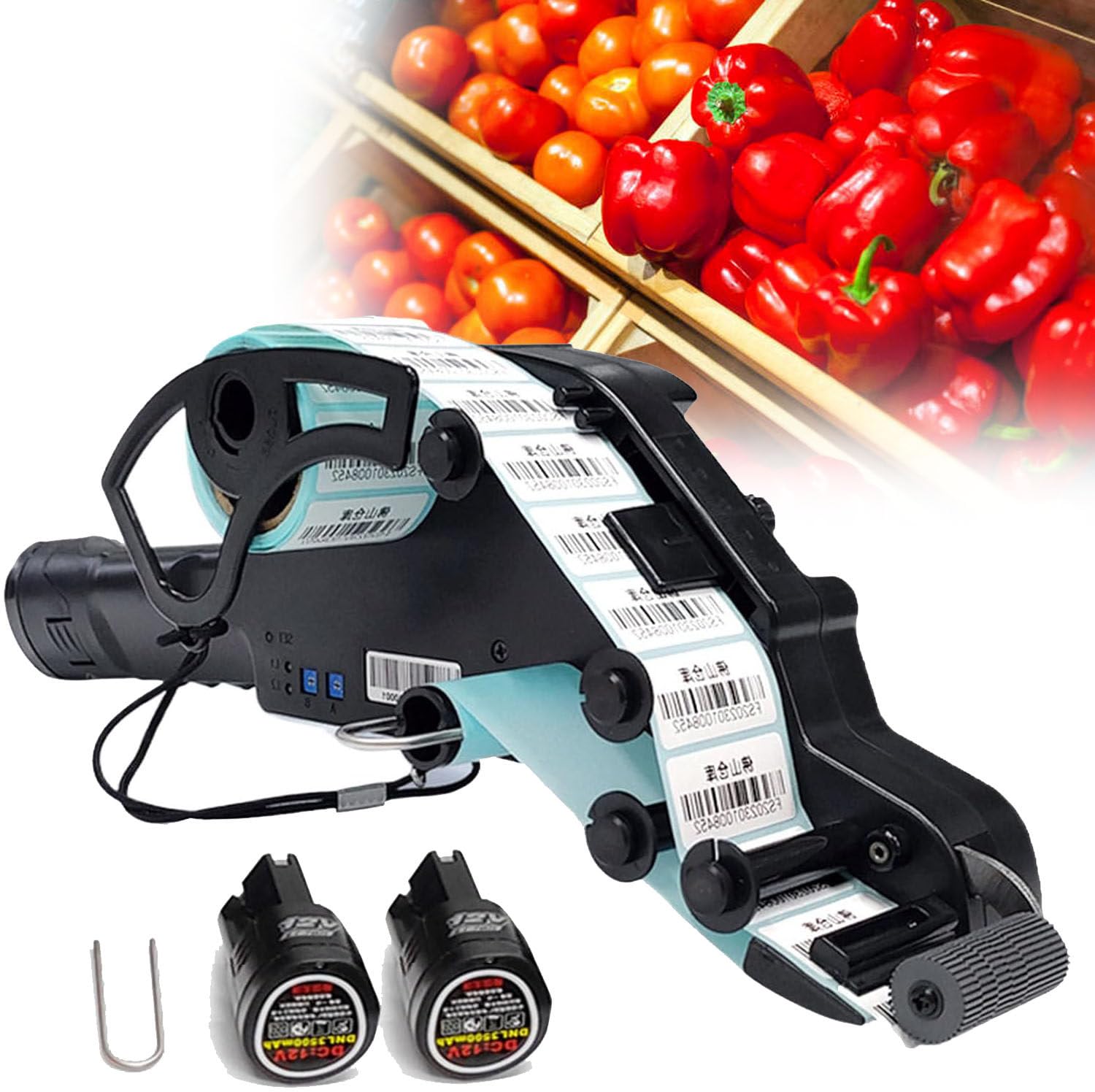 Etichettatrice adesiva portatile per applicatori di codici a barre, etichettatrice curva piatta tenuta in mano, per lunghezza massima 15-60 mm/larghezza massima etichetta 40 mm o 80 mm, con 2 batterie