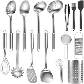 BEWOS 15-Piece Kitchen Utensil Set - Stainless Steel Cooking Spoon Set Kitchen Utensils with Spatulas and Storage Box Non-Toxic Dishwasher Safe and Heat Resistant