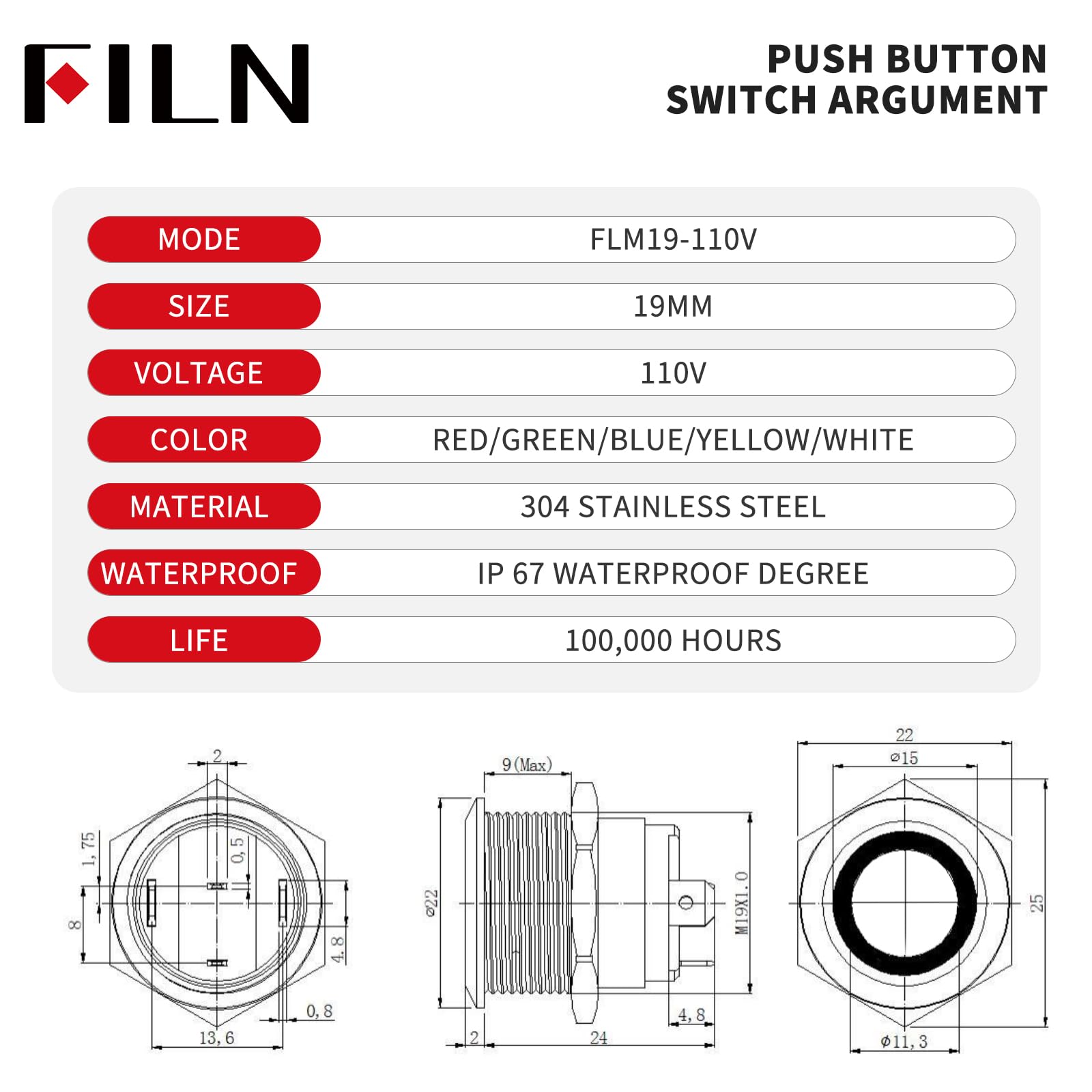 FILN 20 Amp 19 mm (3/4'') 2-Piece Latching High Current Pushbutton Switch 110V DC Switch with Red LED Self-Locking Pushbutton (Red/Stainless Steel Latching)