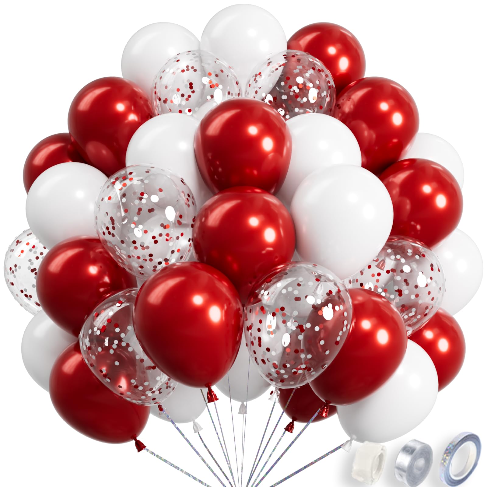 RainbowQ Party Metallic Shiny Red and White Balloons 12 Inch 68PCS Red White Confetti Balloons Latex Helium Balloon Set for Graduation Wedding