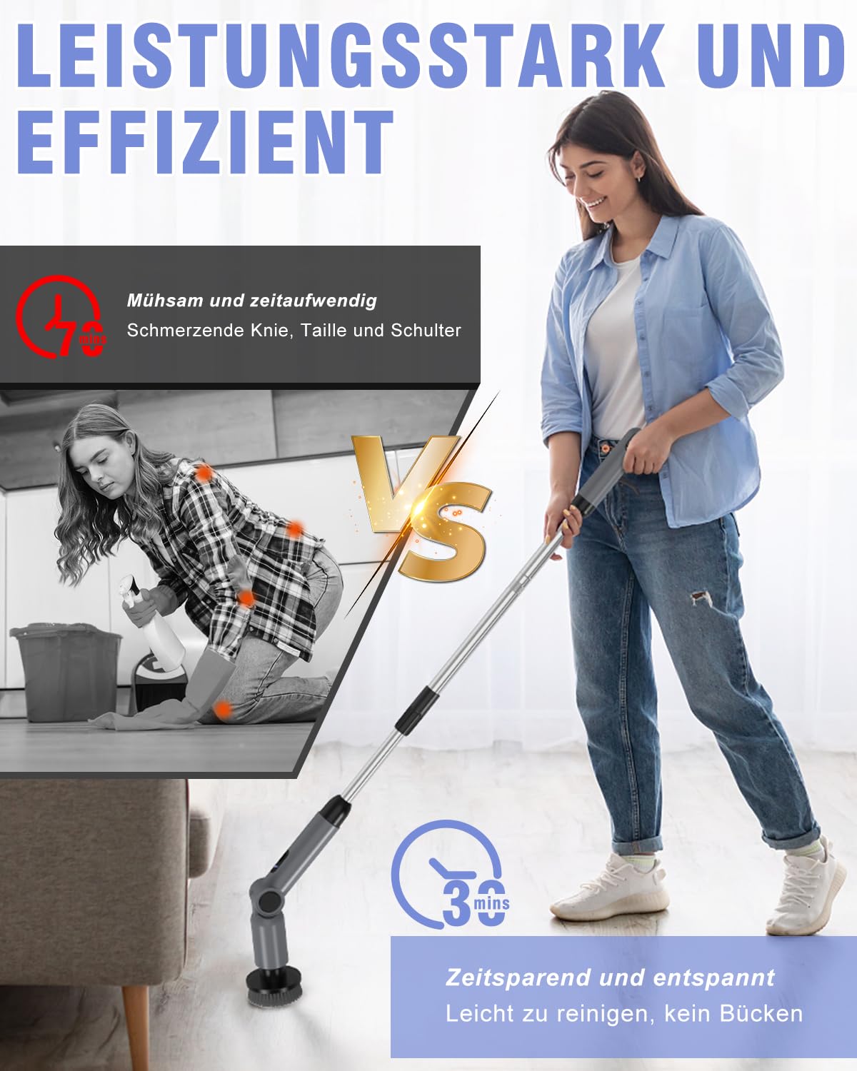 Elektrische Reinigungsbürste, IPX8 wasserdicht, 50 kg Drehmoment | elektrische Putzbürste mit 8 Bürstenköpfen, zusammenklappbar, Electric Spin Scrubber schnurlos für Bad, Küche, Auto