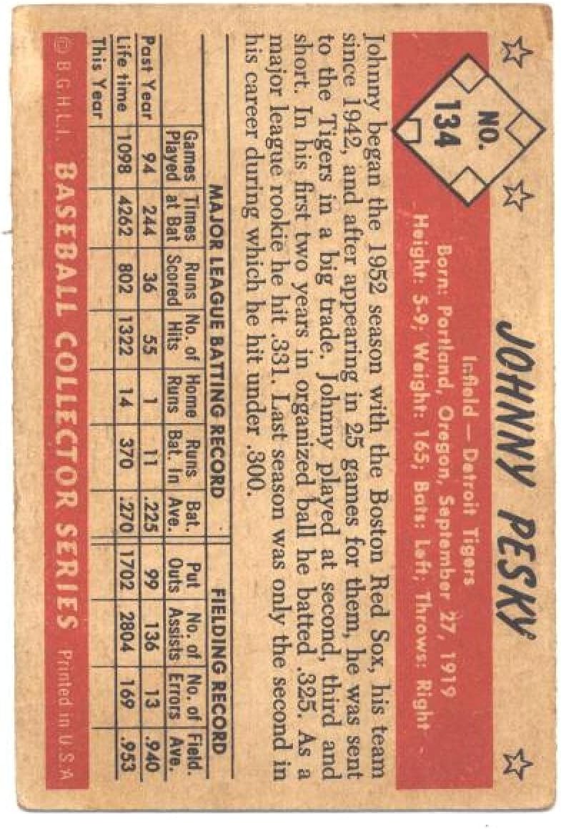 1953 Bowman Color #134 Johnny Pesky Tigers MLB Baseball Card VG Very Good