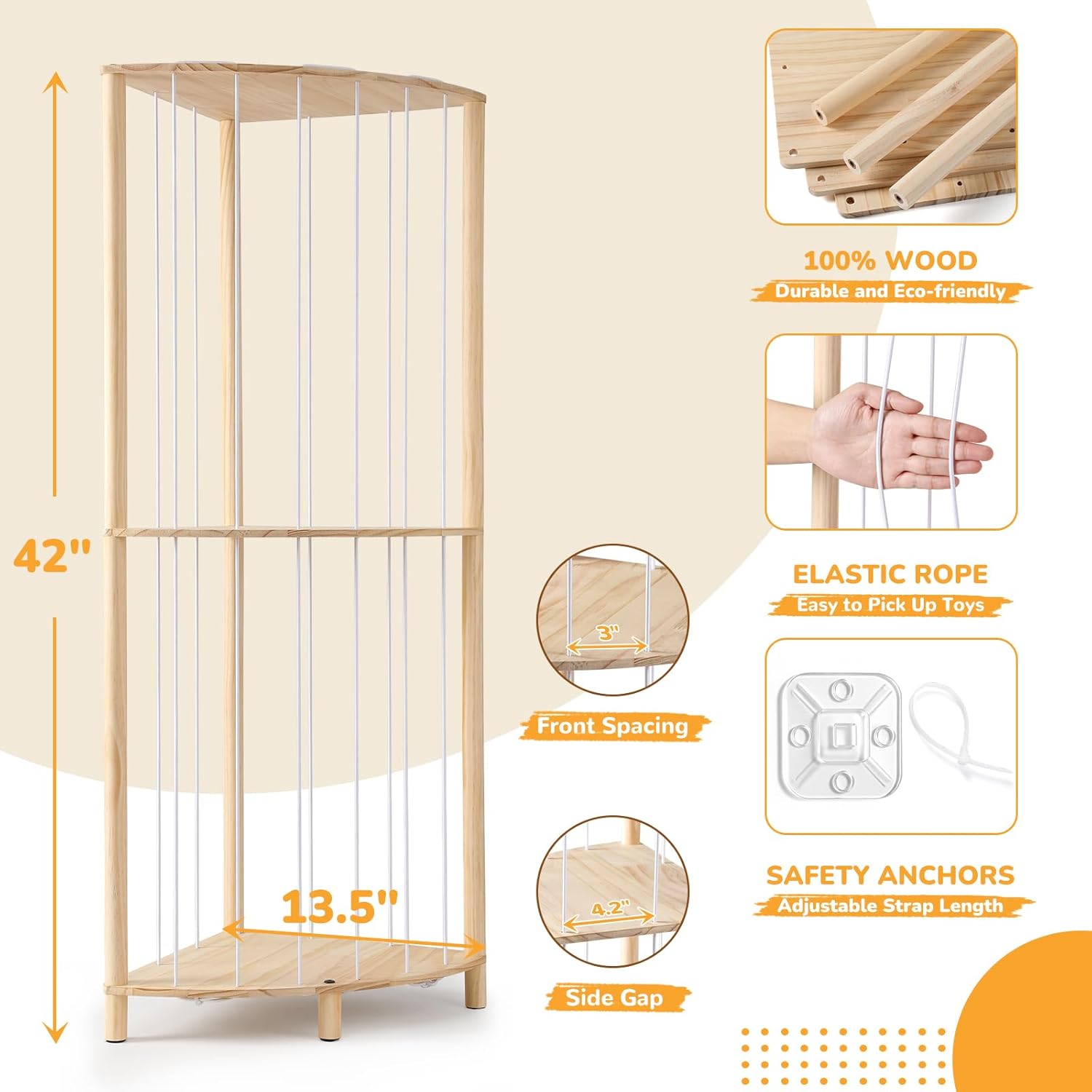 Corner Stuffed Animal Storage & Organizer, Wooden Cute Animal Holder with Partitions, Space Saving Stuffed Animal Zoo, Gift for Nursery Playroom Bedroom(42 inch，Medium)