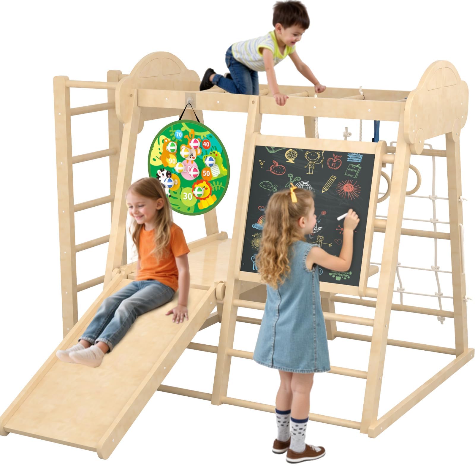 9-in-1 Indoor Jungle Gym, Montessori Indoor Playground for Toddlers,Wooden Climber Set with Swing, Slide, Monkey Bars, Climbing Neting, Upright Ladder