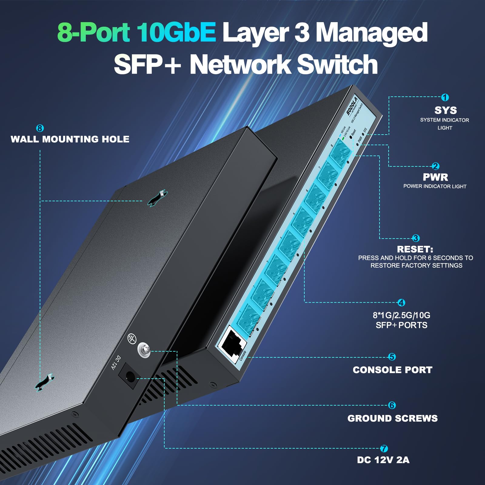 SODOLA 8-Port 10Gbit Switch, L3 Managed ,8X10G SFP+ Ports | Link Aggregation/QoS/VLAN/IGMP, Wandmontage, lüfterloser 10Gb Multi-Gig Netzwerkswitch Layer 3 Management