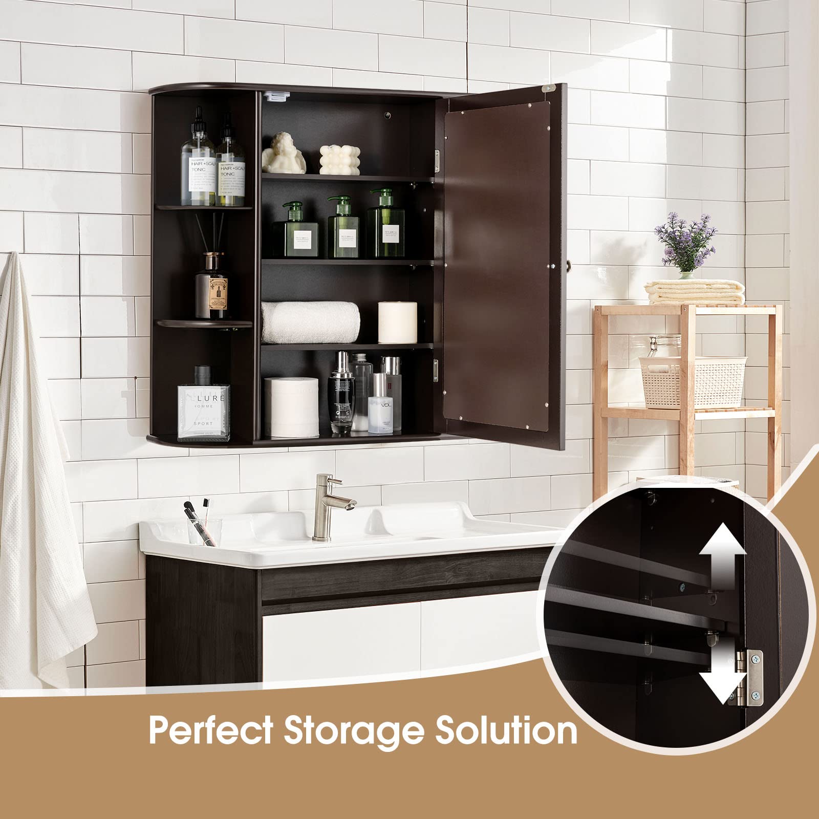 LIFEZEAL Armadietto a Specchio, Pensile a 1 Anta, per Bagno, 4 Ripiani e 6 Scomparti Aperti, Ripiani Interni Regolabili, Mobiletto da Parete, Salvaspazio, in Legno, 66x16,5x63 cm (marrone)