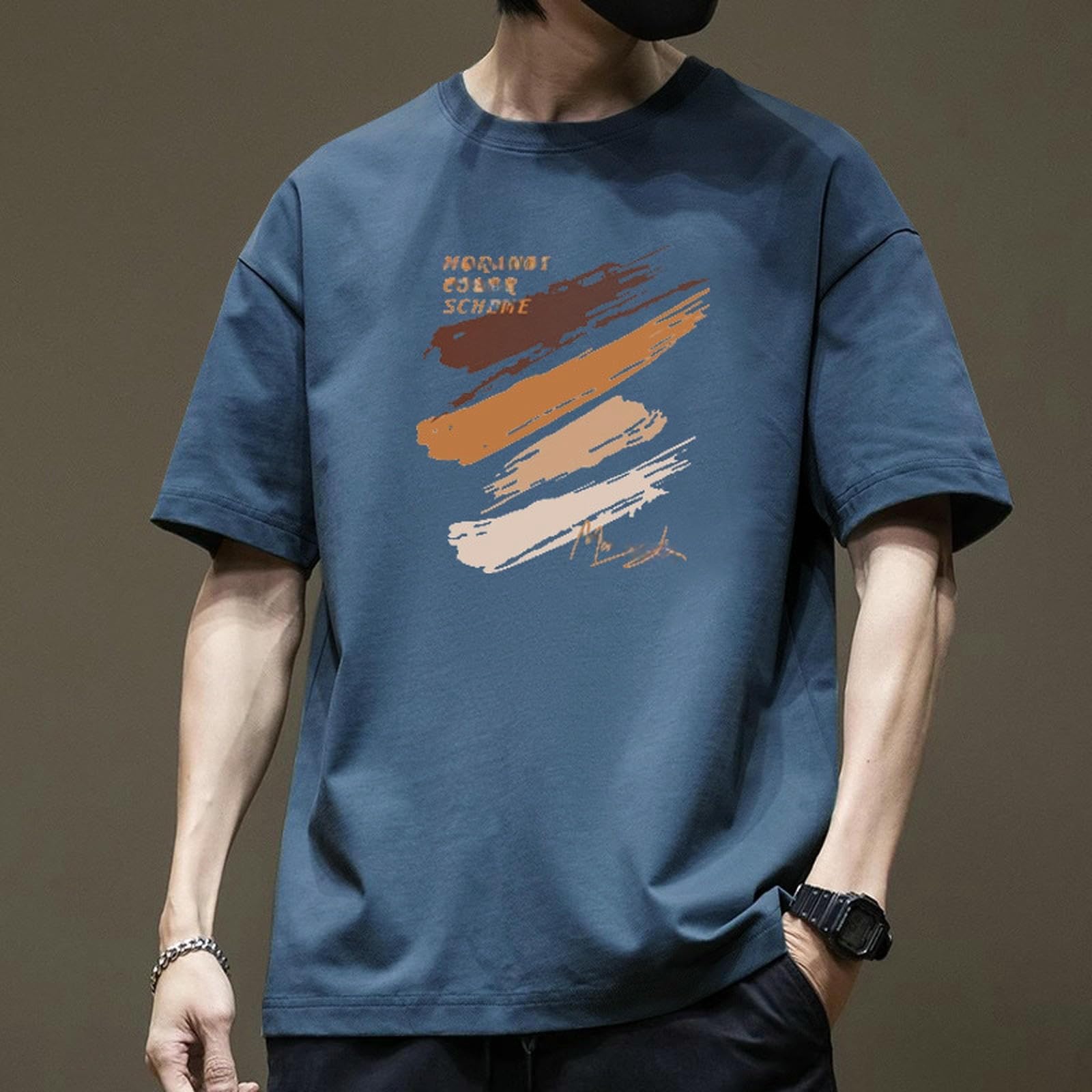 T-shirt męski, okrągły dekolt, letnie topy z krótkim rękawem, szeroki krój, topy, ciemnoszary-S