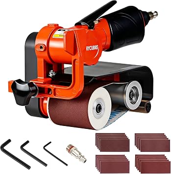 2.410 Inch Pneumatic Belt Sander- Air Belt Grinder for Woodworking & Metal Working,Handheld/Benchtop Dual-Use Air Sander,Includes 60mmx260mm Sanding Belts 5pcs Each of 60#/120#/240#/320#