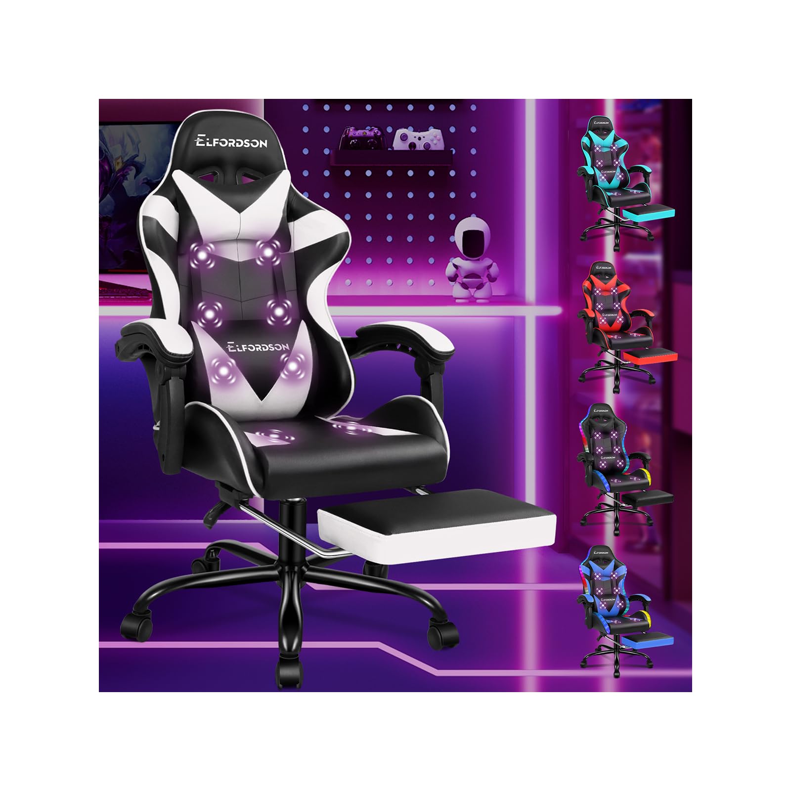 ELFORDSON Massage Gaming Chair for Kids Adults, Ergonomic Computer Office Chairs with Headrest, Lumbar Cushion, Footrest, High Back 150° Reclining, 360° Swivel, PU Leather, White