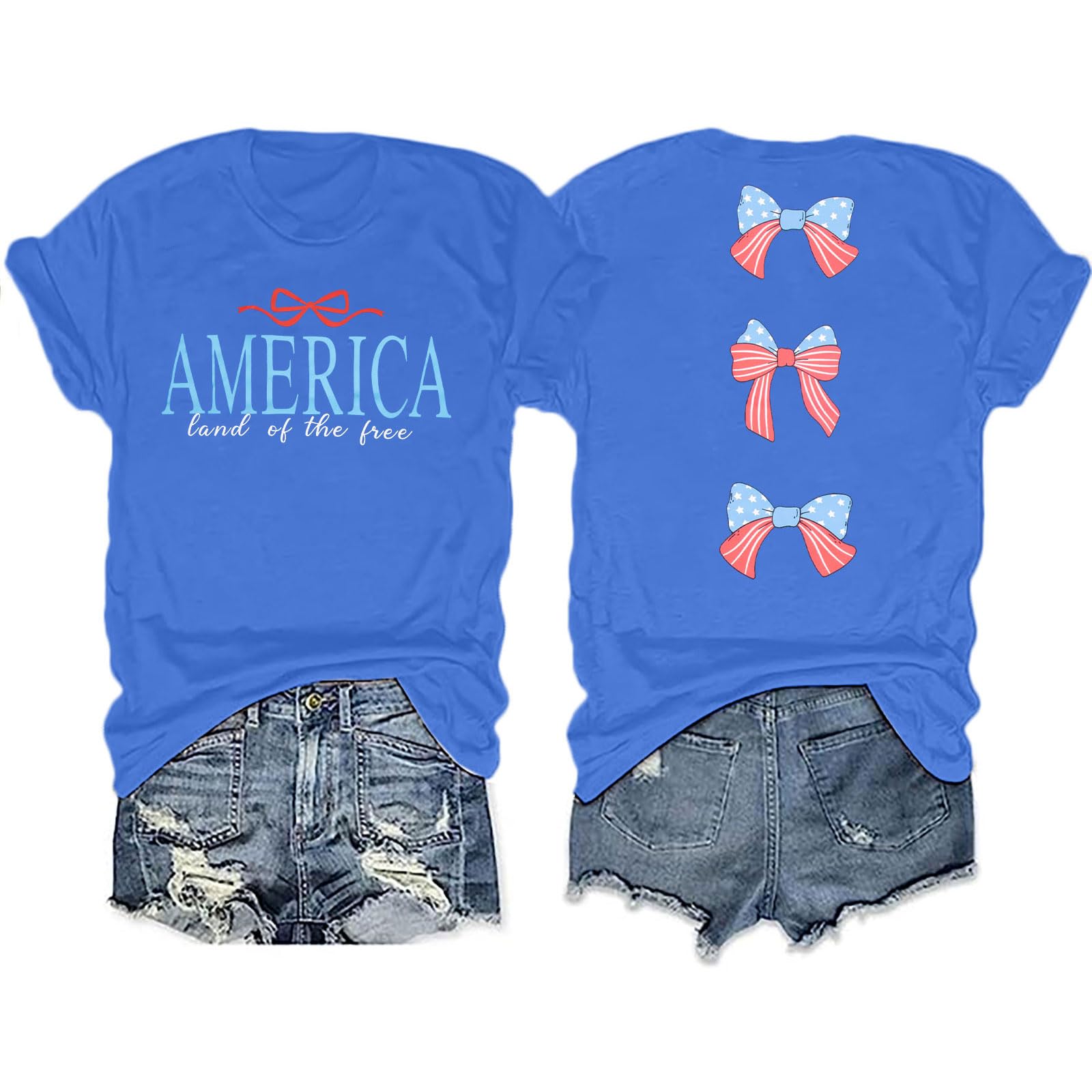 America Shirts for Women Land of The Free Shirt America Flag Coquette Bow T-Shirt USA Patriotic Tees 4th of July Outfits