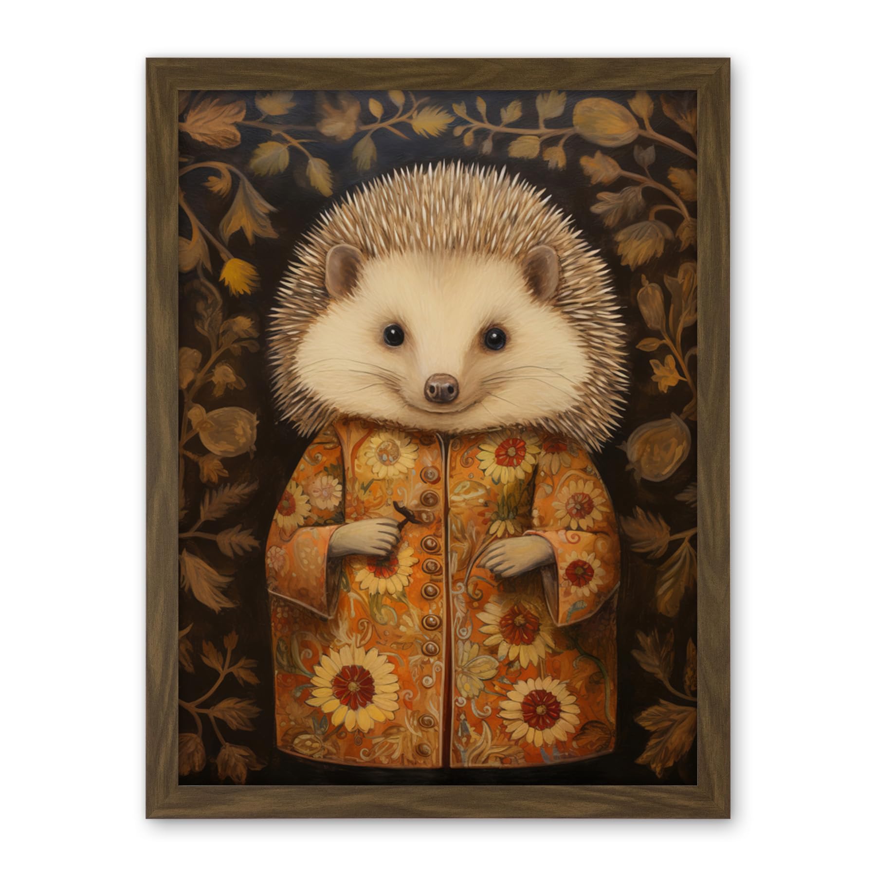 Artery8 Autumn Hedgehog in Sunflower Robe Modern Artwork Framed Wall Art Print 18X24 Inch