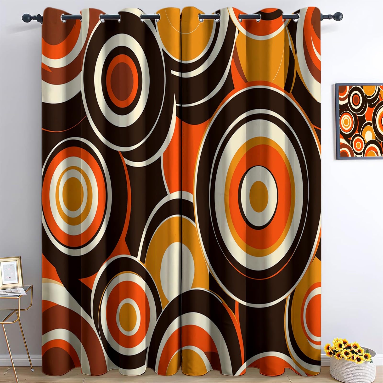Orange Marron Rideau Occultant Thermique Isolant Cercles Géométriques Abstraits Rétro 3D Imprimé Tenture Opaque à Oeillets Isolation Lumiere UV Decoration Chambre Salon, 150L X 280H cm (2 Panneaux)