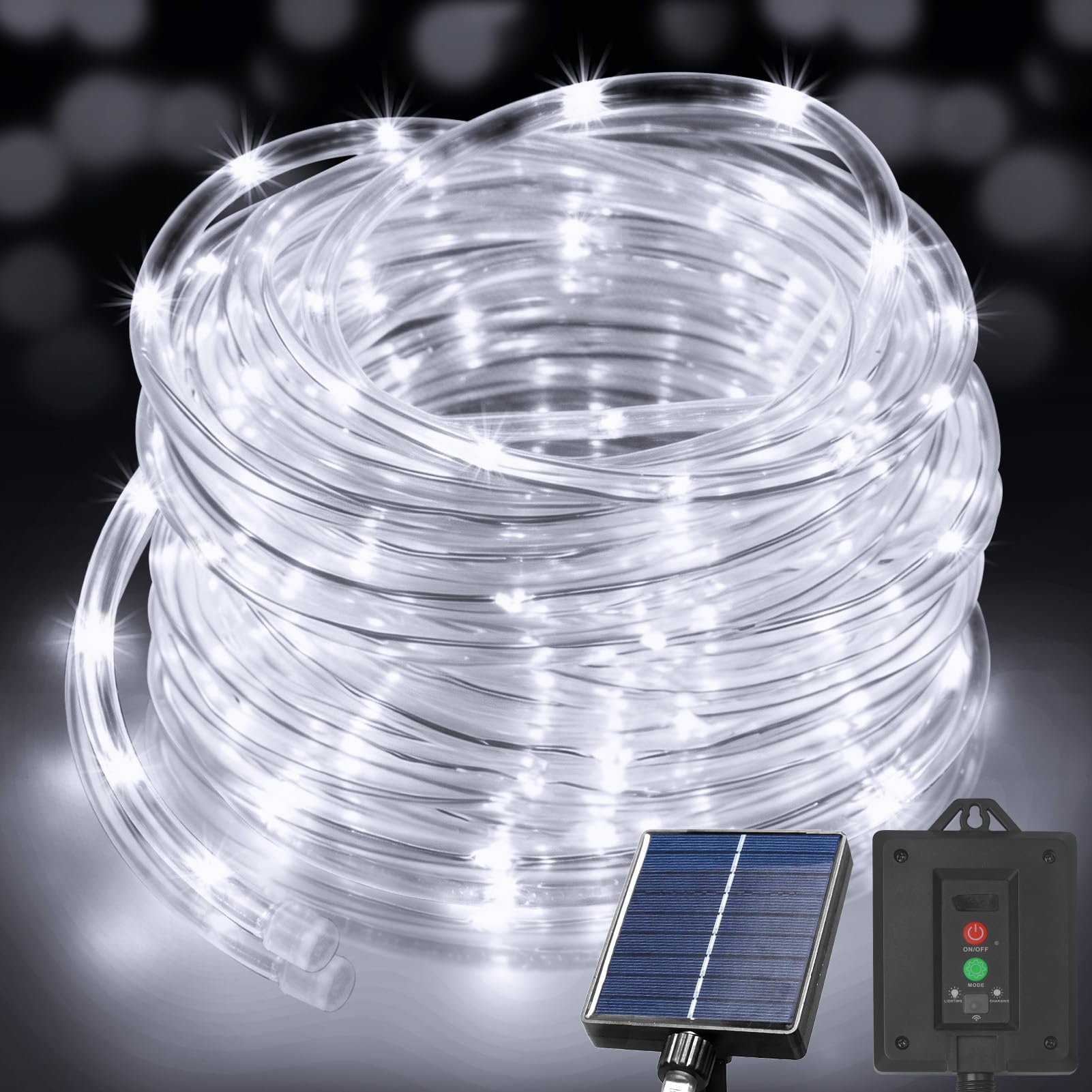 KNONEW Tira de luces solares para exteriores, 300 LED, 50 pies, impermeable, con modos, tubo delgado transparente para piscina, árbol, patio, jardín, valla, camping, terraza, cama elástica (blanco