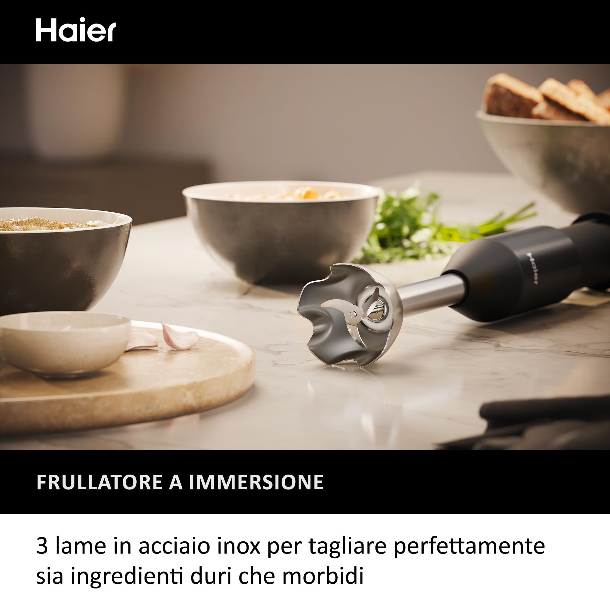 Frullatore a immersione Serie 5 Haier, potenza 1000 W, Frullatore a immersione con velocità variabile, Opzione a impulsi, 3 Lame [Nero]