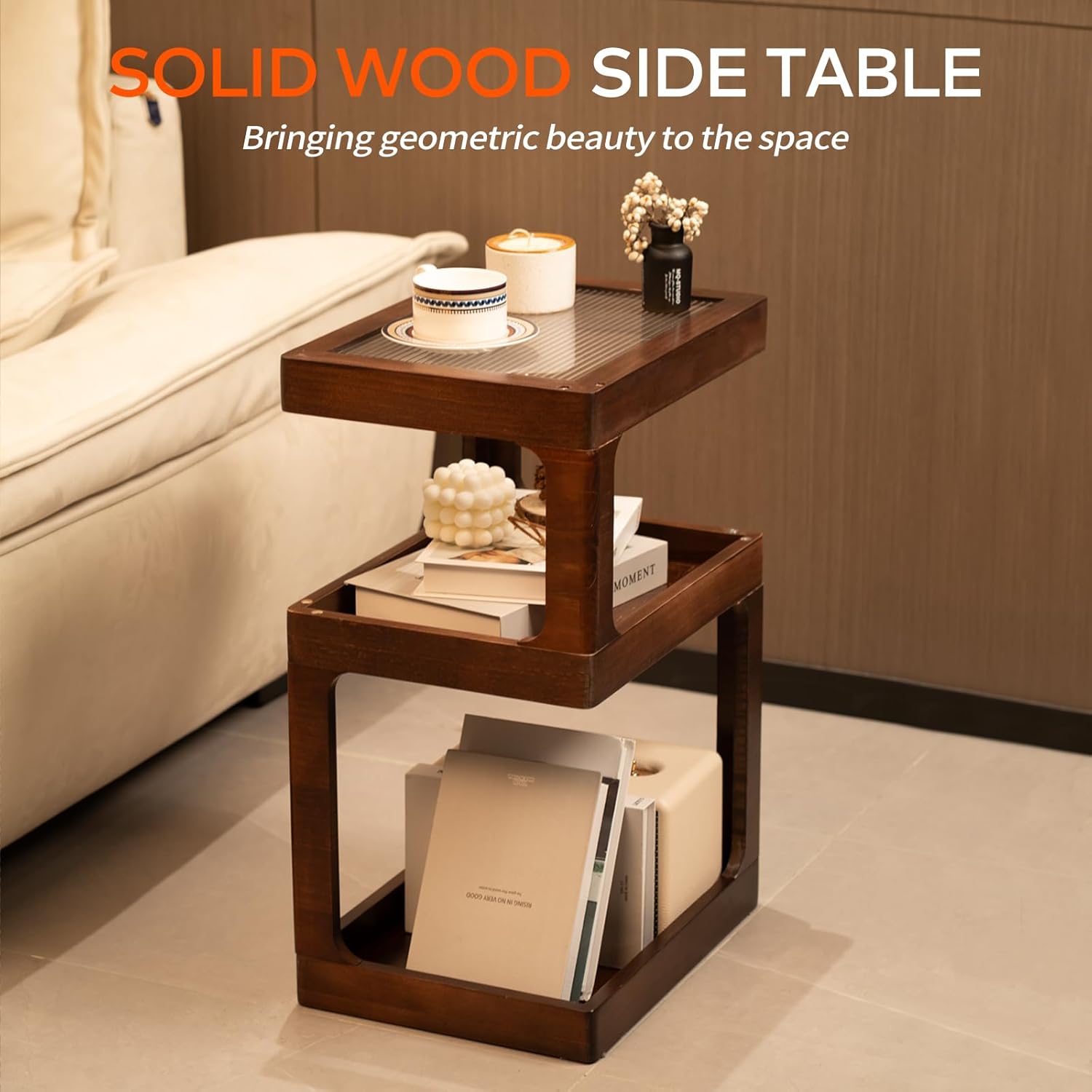 Solid Wood Side Table for Living Room, Narrow 3-Tier End Table with Fluted Acrylic Top, Retro Geometric Accent Table with Open Storage for Couch & Small Spaces, Brown (100% Pine)