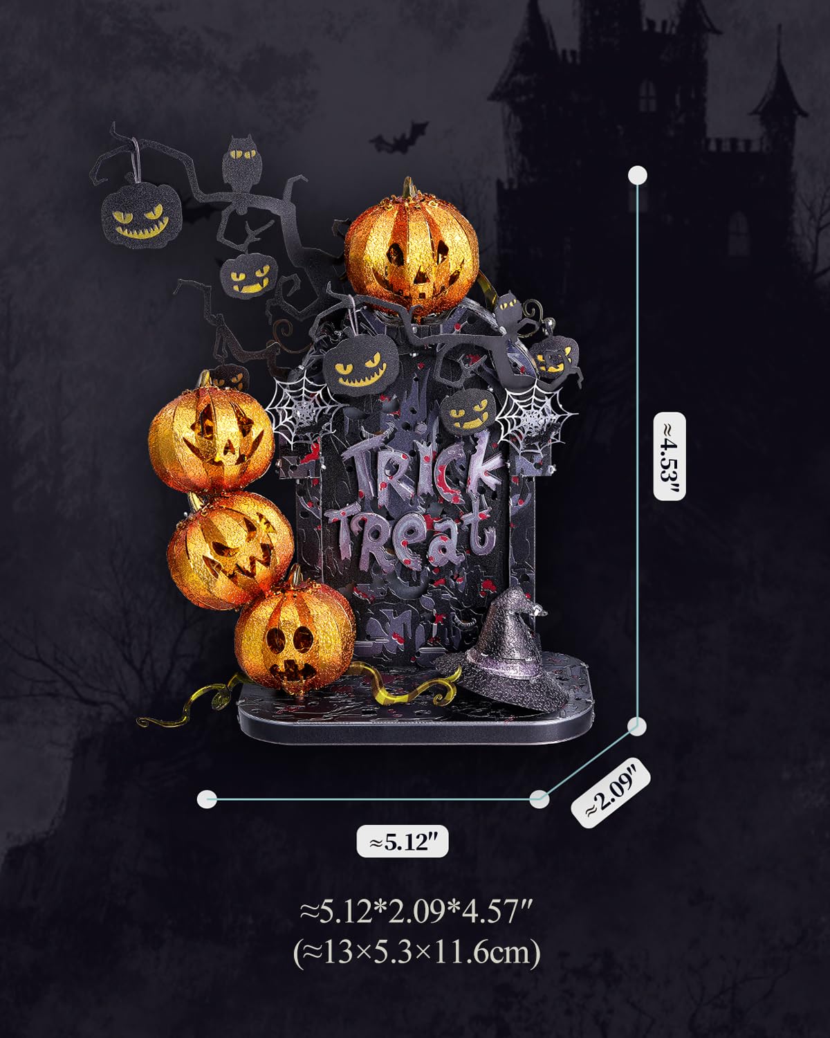 Piececool Metalowe puzzle 3D, na Halloween, nagrobek z latarnią dyniową, puzzle 3D, dekoracja domu, prezent dla przyjaciół / rodziny, gra w noc
