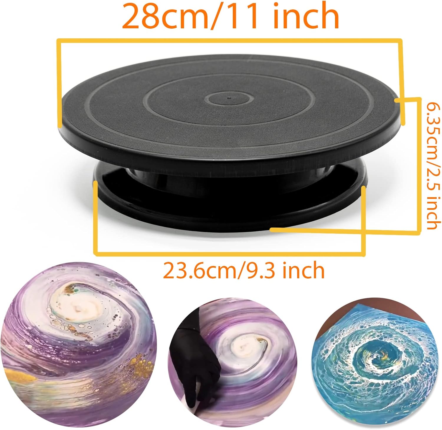 11”Rotate Turntable Sculpting Wheel Revolving Cake Turnable Black Painting Turn Table Stand for Paint Spraying Spinner,with Cone Canvas Support Stands and 3pcs Acrylic Pouring Strainers